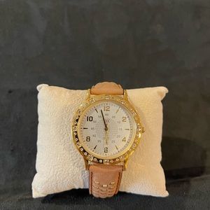 The JBk Collection, tan braided leather band, with gold face with crystals.